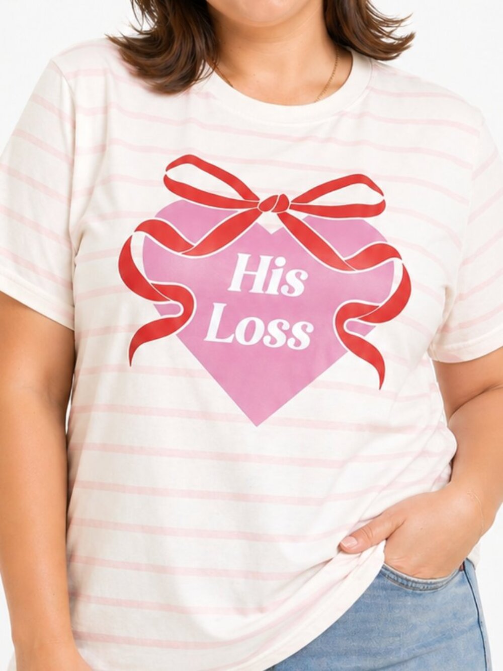 Large Womens Pink Striped “His Loss” Heart Bow Graphic T-Shirt Short Sleeve